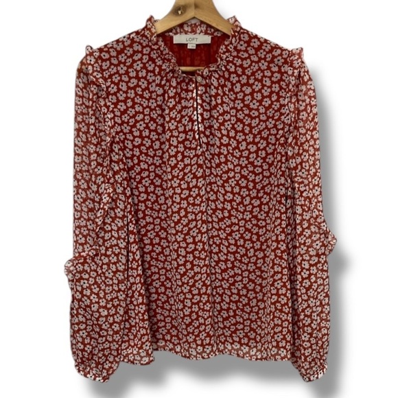 LOFT Floral Womens Top Victorian High Neck Ruffles Size L Sheer Feminine Office - Picture 1 of 15